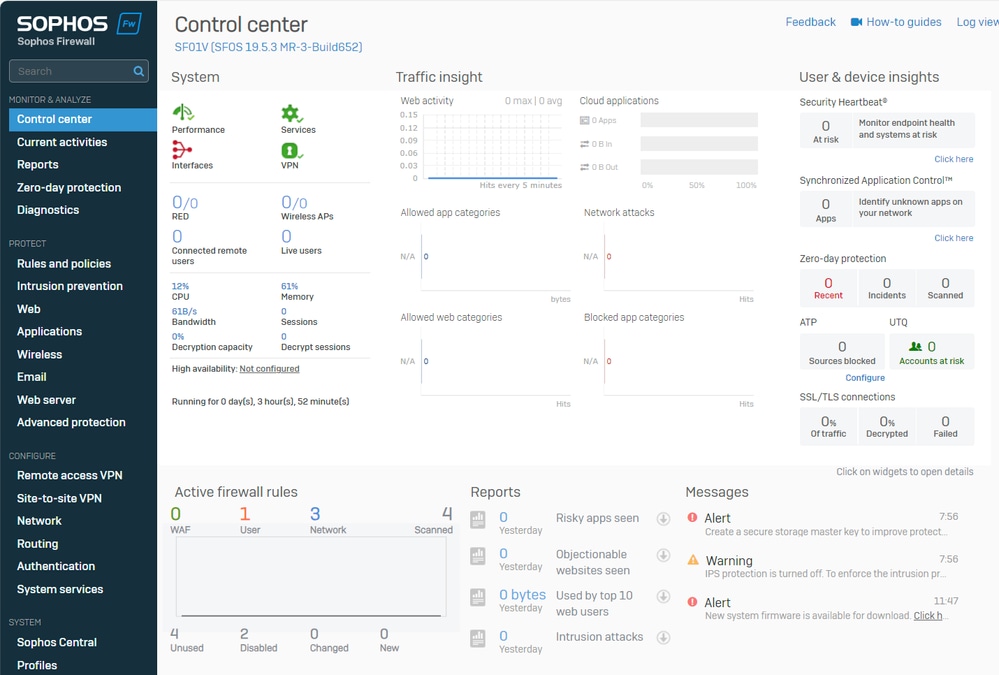 Painel de administração do Sophos