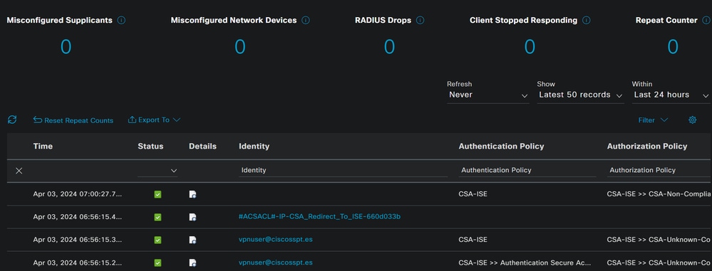 ISE - Radius Live Logs - Einhaltung von Sicherheitsstatus