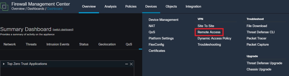 원격 액세스 VPN 정책 컨피그레이션에 연결하기 위해 FMC GUI 탐색을 표시합니다.