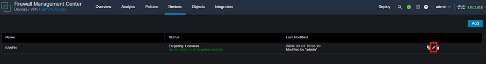 Muestra cómo editar la directiva VPN de acceso remoto en la interfaz de usuario de FMC.