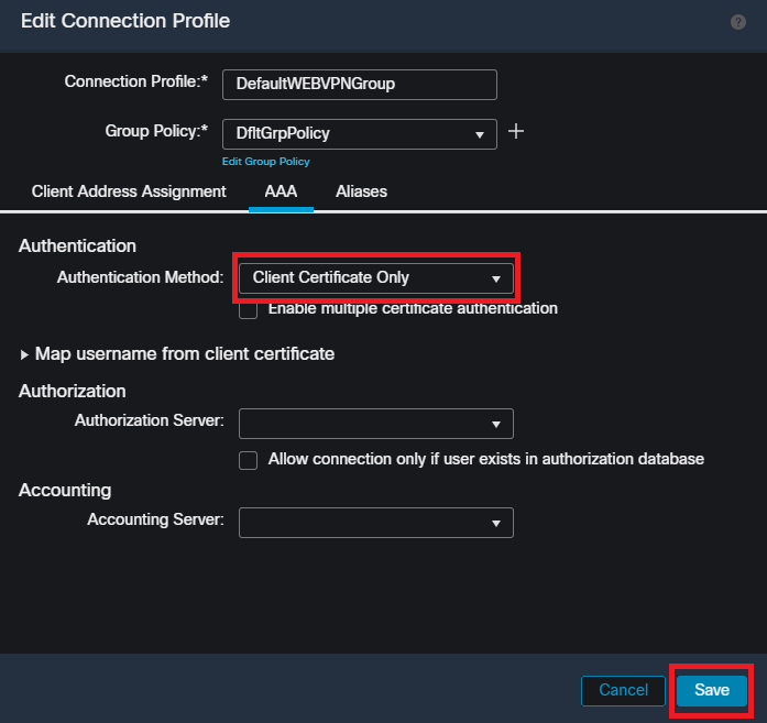 Cambio del método de autenticación al certificado de cliente sólo para DefaultWEBVPNGroup en la interfaz de usuario de FMC.