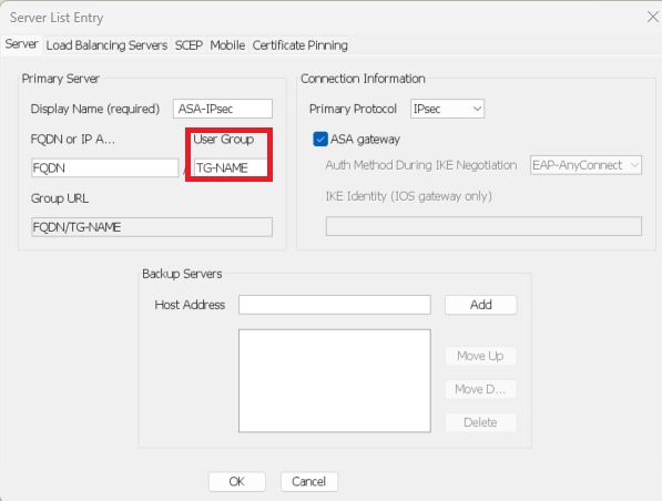 Cambie el protocolo principal a IPsec. Haga coincidir el nombre del grupo de usuarios con el nombre del grupo de túnel ASA para las conexiones IPsec-IKEv2.