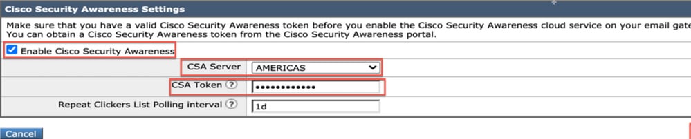 Cisco Security Awareness settings page on the Cisco Secure Email Gateway