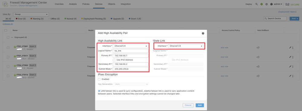 Impostare l'interfaccia HA e l'indirizzo IP per la prima coppia di failover