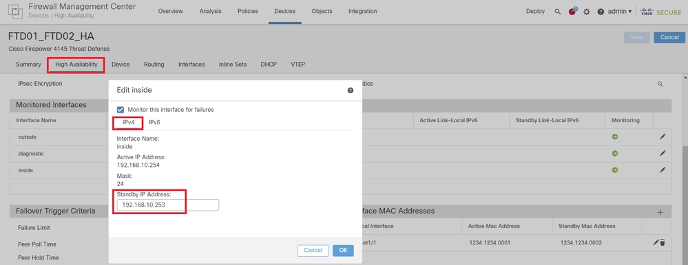 Imposta IP standby per interfaccia dati