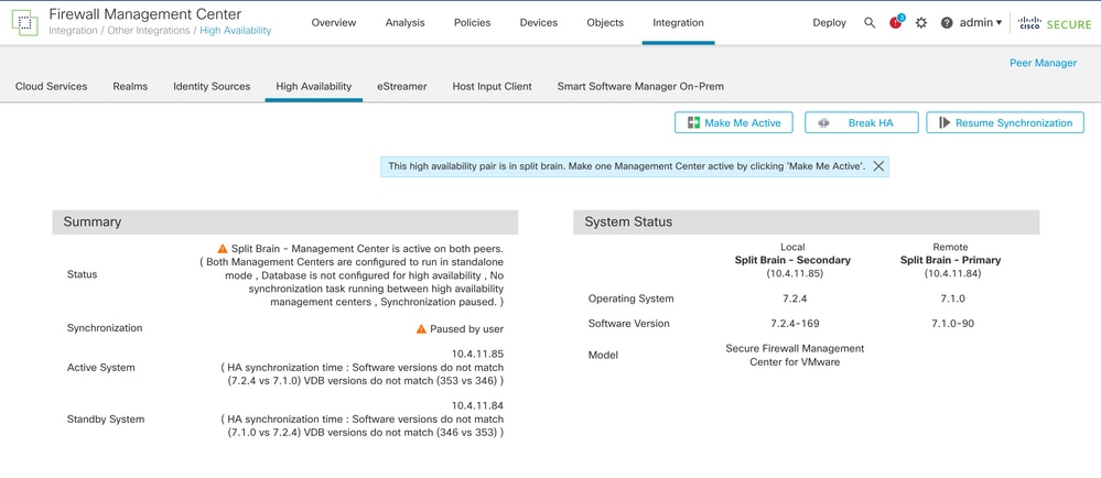 HA Summary when only Standby FMC is Upgraded