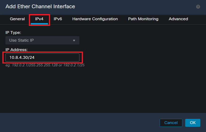 Dirección IP de Ether-Channel