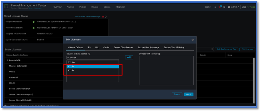 Cuadro de diálogo Editar licencias en un FMC 7.3 con 4115 dispositivos en un clúster