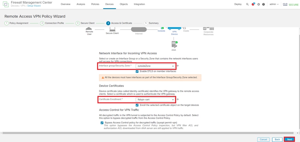 Confirmer les paramètres dans Access & Certificate