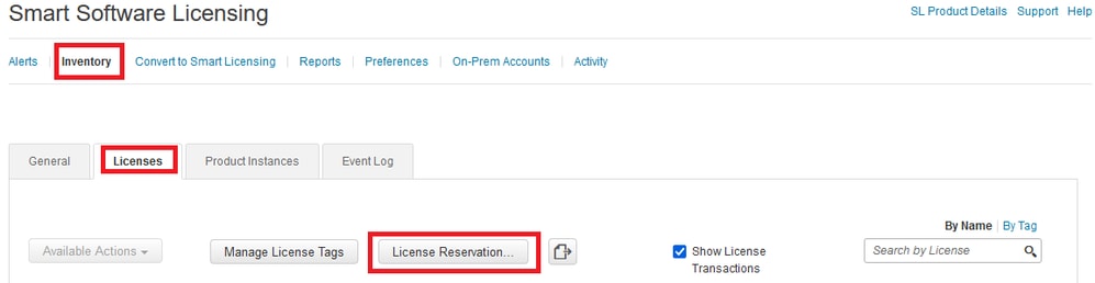 Accedere all'account CSSM e selezionare Smart Software Licensing, Inventory, Licenses e Click License Reservation (Prenotazione licenza).