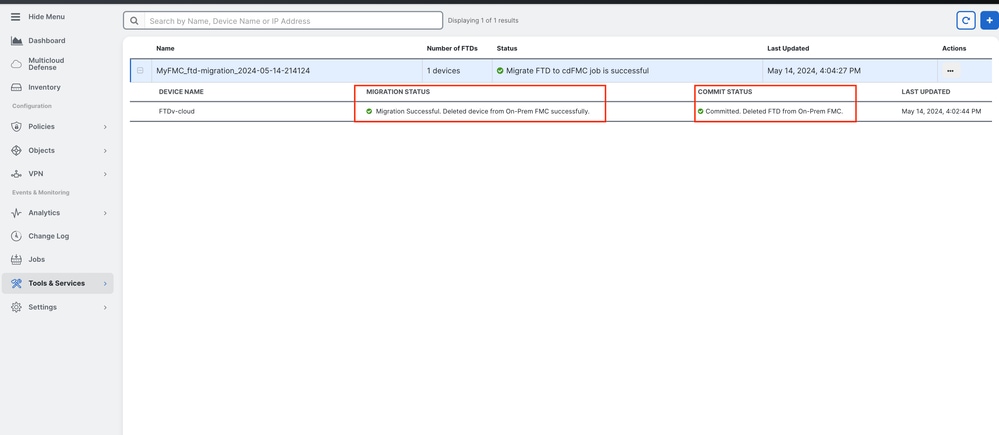 Immagine 16. Processo di migrazione e commit delle modifiche completati.