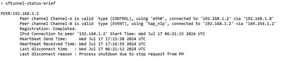 Sortie de commande de sftunnel-status-brief Indicating tap_nlp Interface