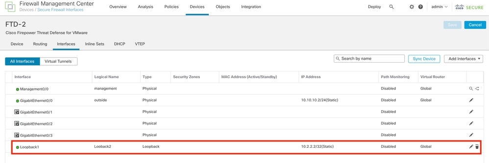 Afbeelding 6. Configuratie van Loopback-interface op peer