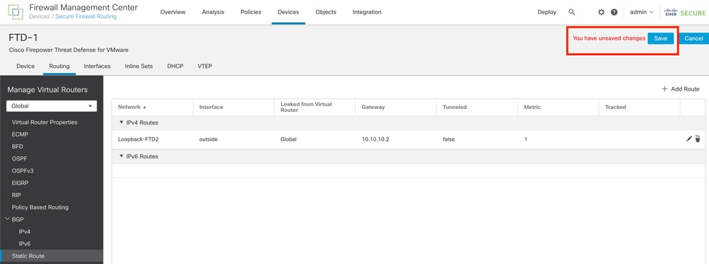 Afbeelding 12. De configuratie van de statische routeinterface opslaan