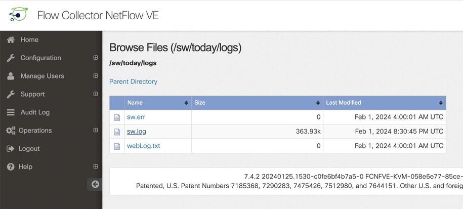 SNA File Browser Inside the sw/today/logs/ Directory