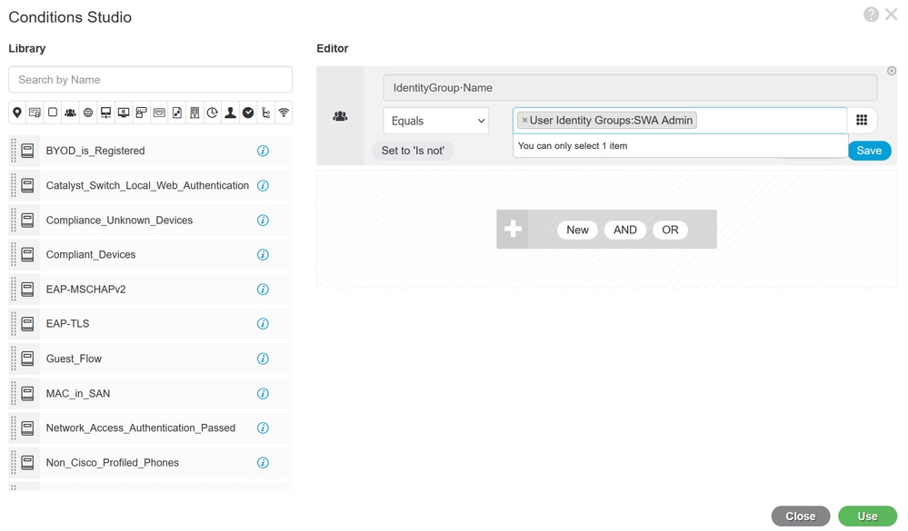 Selecteer Autorisatiebeleid voor SWA Admin User Group