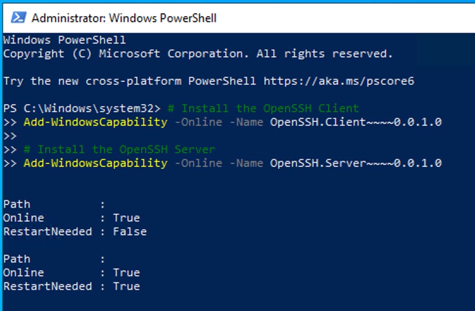 Immagine: installazione di OpenSSH in PowerShell