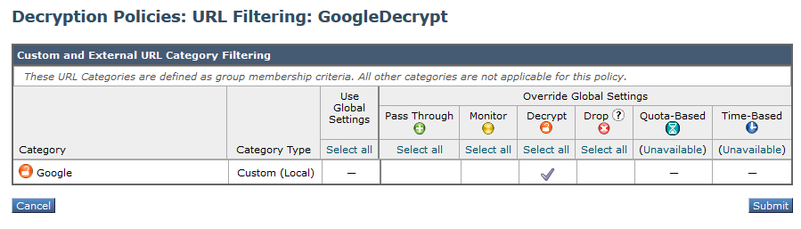 Sélectionnez la catégorie d'URL personnalisée créée pour que Google la déchiffre dans la stratégie de déchiffrement