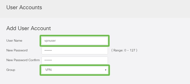 User Accounts, User Name and Group are highlighted for user input.