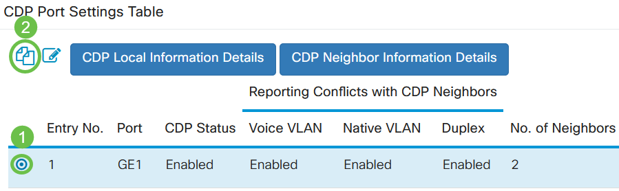 To quickly copy a port’s settings to another port or ports, select its radio button and click the Copy Settings icon. 