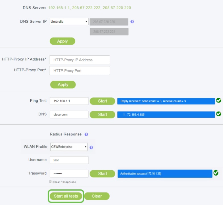 Option on the page for start all tests, the fields must have input to start successfully.