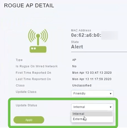 If you want to label an AP as Internal (in network) or External (possibly a neighboring company) you can do that under the Update Status section. Click Apply when done. 