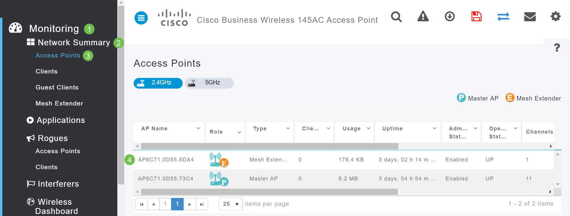 Navigate to Monitoring > Network Summary > Access Points and click on any access point in the table to check the associated client signal strength. 