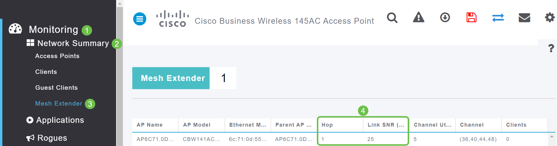 You can also gather information on all mesh extender Hop counts and Signal to Noise Ratio. Navigate to Monitoring > Network Summary > Mesh Extender. 