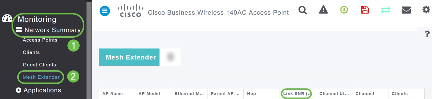 Backhaul SNR information available at Monitoring > Network Summary > Mesh Extender.