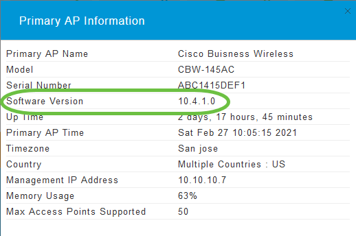 Primary AP information displays the software version. 