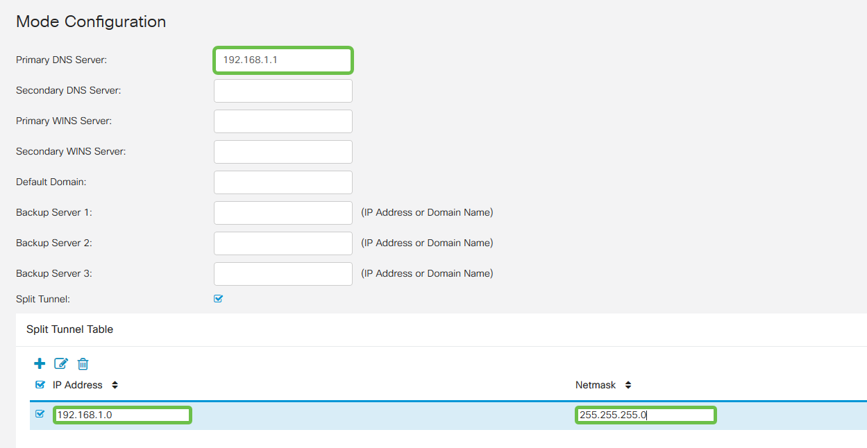 Mode Configuration screen, Primary DNS server is highlighted with an IP address of 192.168.1.1.