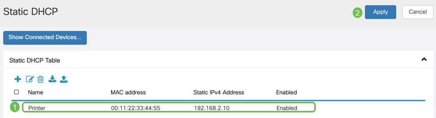 Add the Static DHCP information for the device. In this example, the device is a printer.