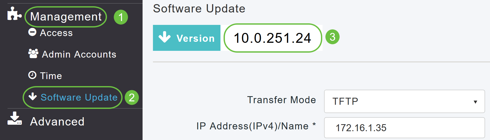 Choose Management > Software Update from the menu. The Software Update window is displayed with the current software version number listed at the top. 