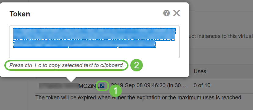 Click the arrow in the Token column, to copy the token to the clipboard press ctrl + c on your keyboard.