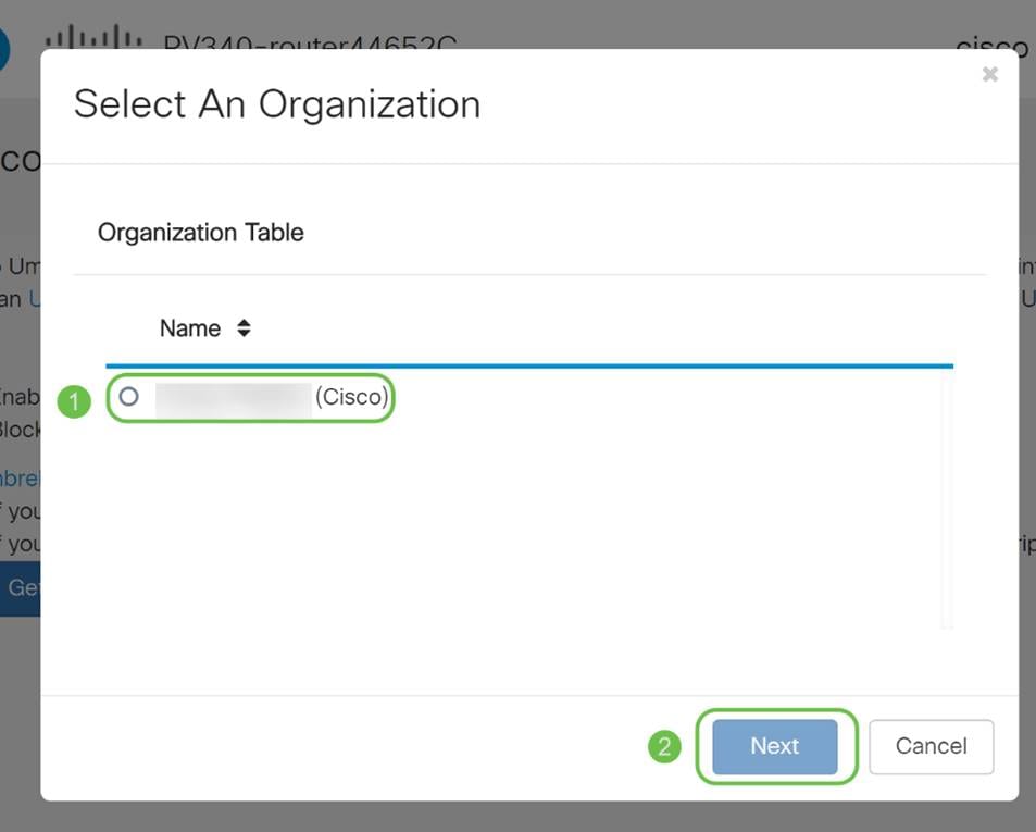 In the next screen select the organization you wish to associate with the router, then click Next.