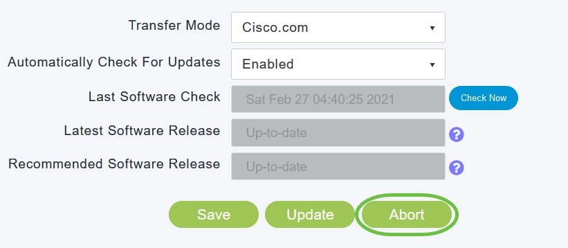 You can abort a software update that is in progress at anytime before the Primary AP completes rebooting by clicking Abort.