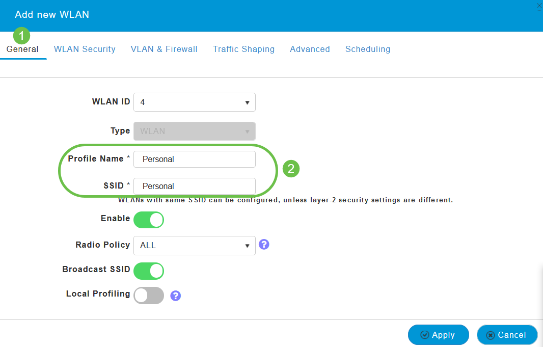 Under General tab, enter a Profile Name for the WLAN. 