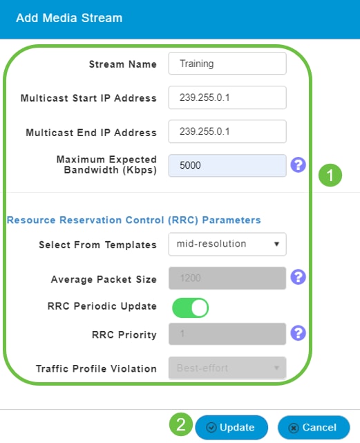 Configure the stream parameters and click update.