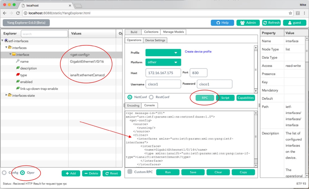 Option souhaitée sélectionnée à partir du côté gauche de la section Explorer de l'interface utilisateur graphique de l'application Yang Explorer