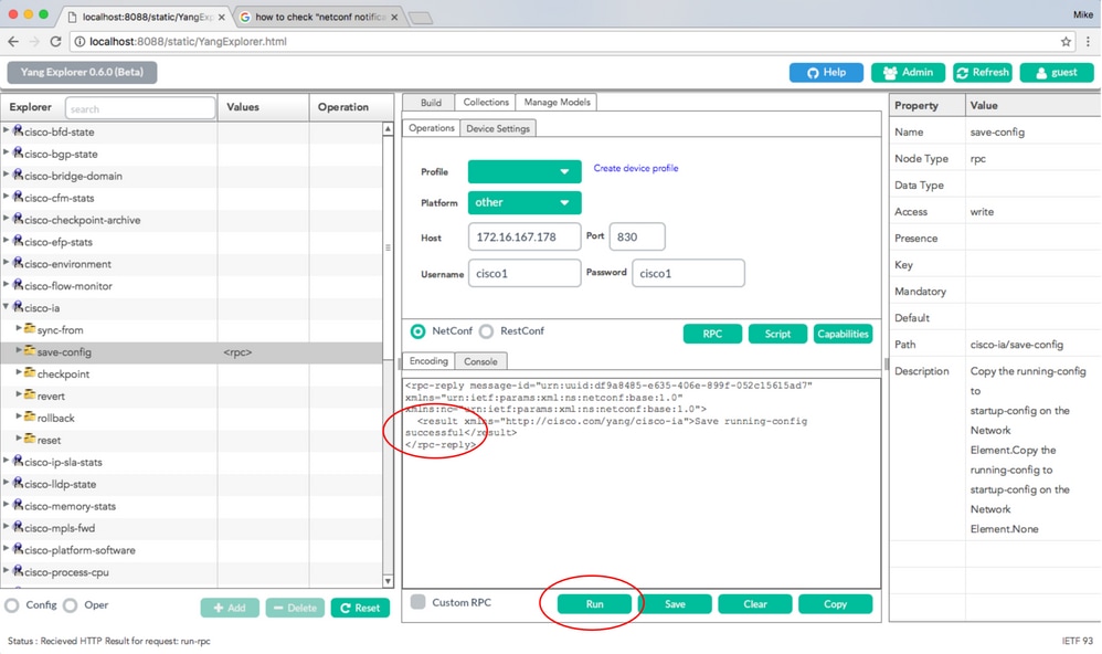 Run is Selected to Send the RPC Message to the Catalyst 3850