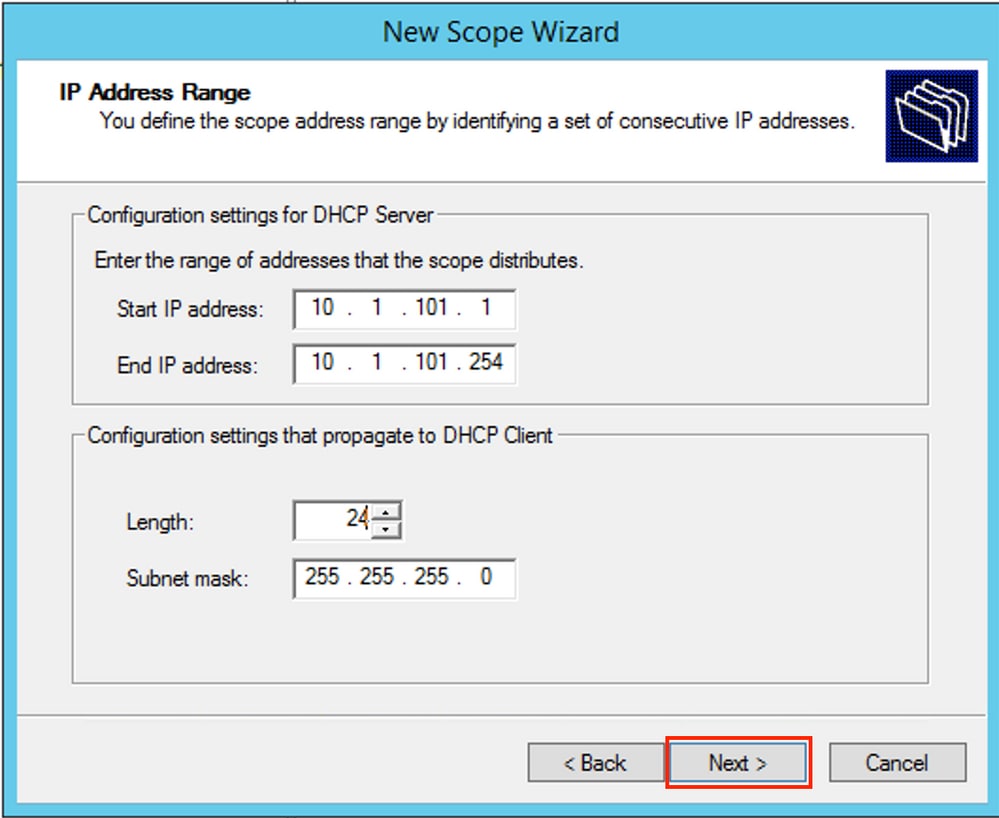 win2012, Define IP range for the DHCP Scope