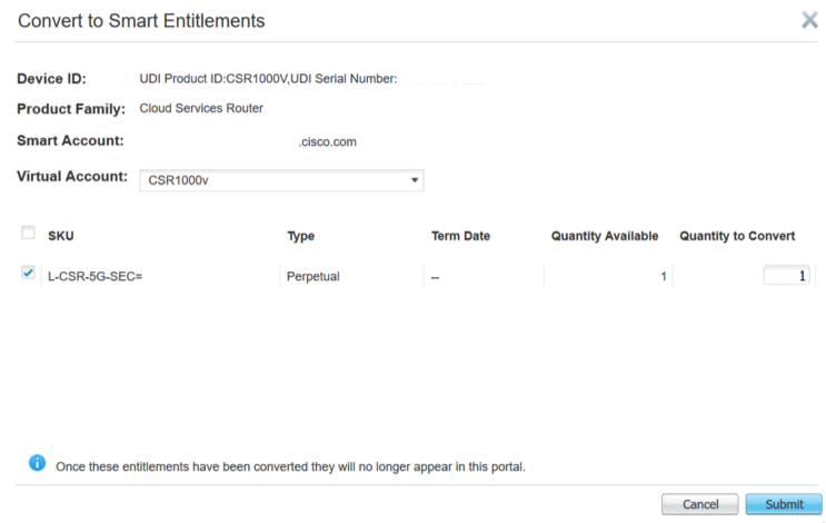 Elija la cuenta virtual, seleccione las licencias que desea convertir y haga clic en Submit.