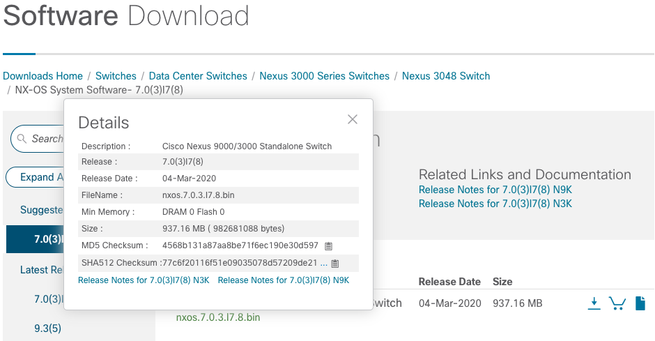 Valori di checksum per l'elemento software sul sito Web di download del software Cisco