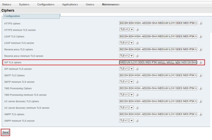 Cipher Settings Page on the Expressway Web Admin Portal