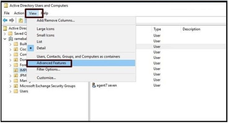 Active Directory 사용자 및 컴퓨터에 고급 기능을 사용하도록 설정합니다.