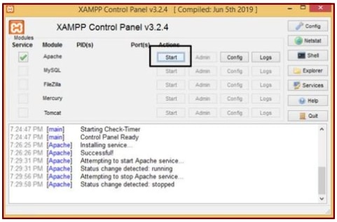 Haga clic en el botón Start (Iniciar) para activar el servicio Apache.