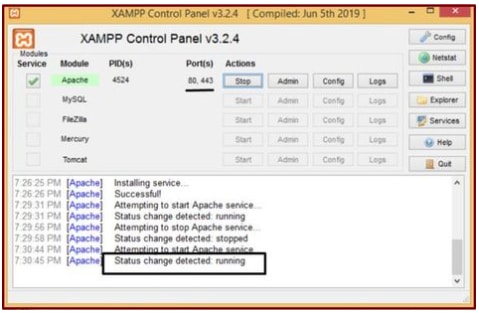 Los mensajes de estado muestran que el servicio Apache se está ejecutando.