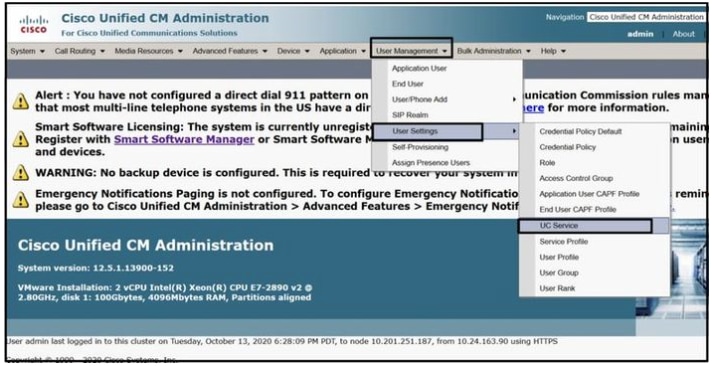 Abra 'UC Service' en la página web de administración de CUCM.