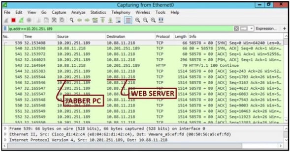 La captura de Wireshark en el servidor Web muestra las transacciones del archivo PRT.