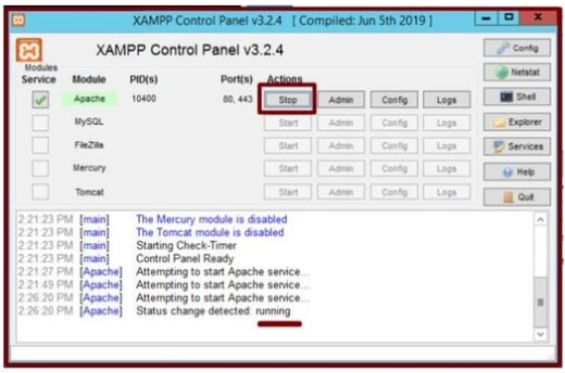 Para reiniciar el servicio Apache, pulse el botón Stop & Start (Detener e iniciar).